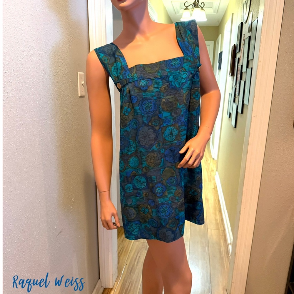 RAQUEL WEISS Floral Blue and Green Babydoll Sleeveless Dress
